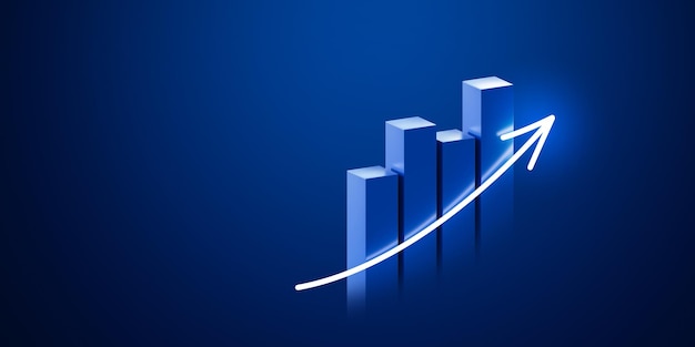 Groei bedrijfsstrategie pijl concept op succes doel verbetering 3d achtergrond met toename ontwikkeling grafiek winst of creatieve prestatie leiderschap vooruit en financiële markt richting