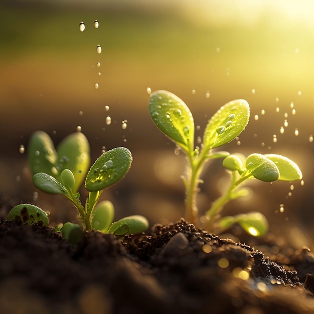 Groei planten concept in de natuur ochtendlicht op groene achtergrond Kleine jonge planten op een groene achtergrond het concept van milieubeheer en Wereldmilieudag