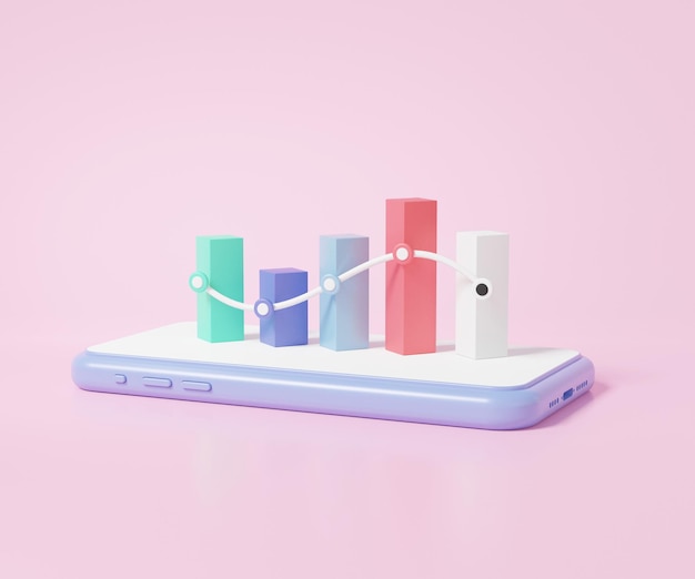 Groei statistieken grafiek hoger op mobiele telefoon op roze achtergrond online beurs handel investeringen uitwisseling financiën bedrijfseconomie concept minimale cartoon 3d render illustratie