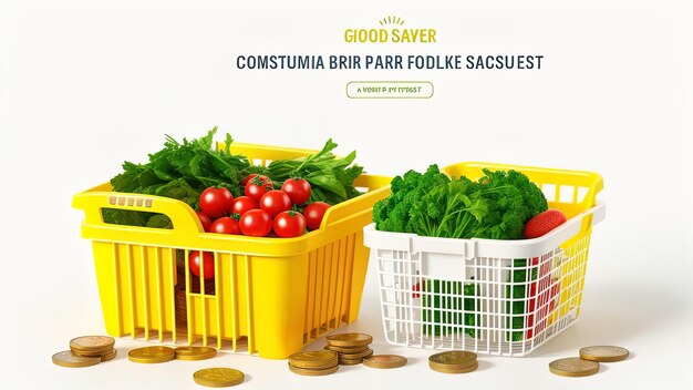Groei van de voedselverkoop of groei van de marktmand of het concept van de consumentenprijsindex Winkelmandje met voedsel met muntstapels op gele achtergrond
