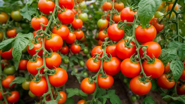 Groei van vers rijpe rode tomaten in een biologische kas