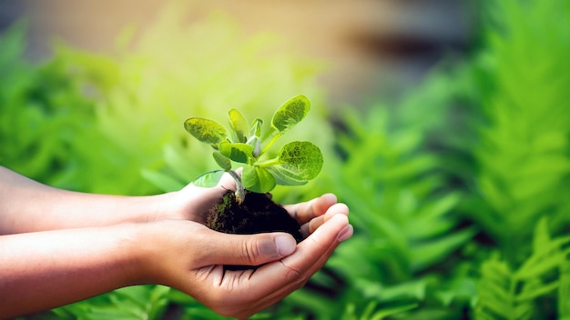 Groei vieren boeiende foto van handen die een jonge groene plant vasthouden omarm de schoonheid