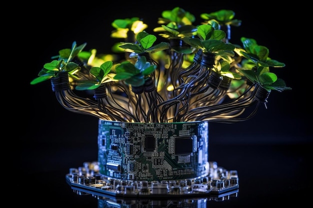 Foto groeiende boom op digitale plant pot eco-technologie en technologie convergentie