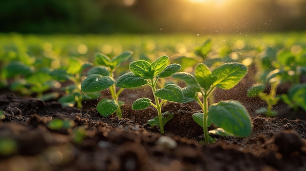 Foto groeiende boompjes in gouden zonlicht te midden van weelderig groen