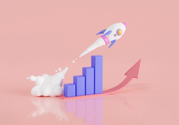 Foto groeiende grafiekbalk met raket die omhoog beweegt marketingtijd start-up business zakelijke successtrategie succesvolle lancering van opstarten zakelijk groeiend concept 3d minimale render illustratie