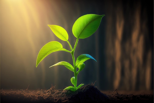 Groeiende groene jonge plant ontkiemt stadium van de natuur onder zonlicht in de ochtend