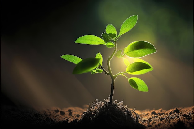 Groeiende groene jonge plant ontkiemt stadium van de natuur onder zonlicht in de ochtend