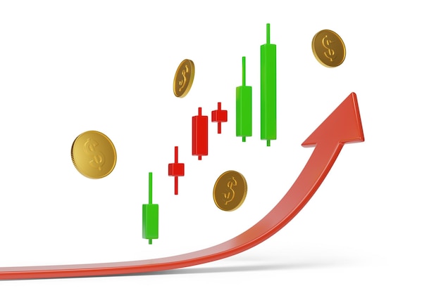 Groeiende rode pijl met kaarsenkaart en gouden munten geïsoleerd op witte achtergrond Succesconcept 3D-illustratie