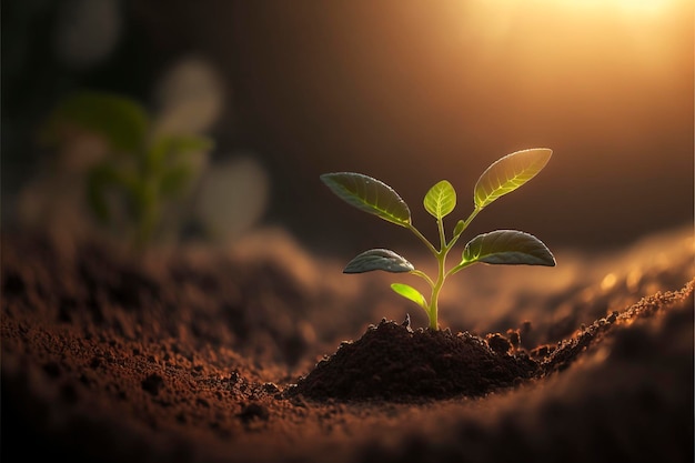 Groeiende Sprout op grond met zonneschijn op de achtergrond