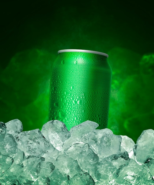 Groen aluminium blikje met waterdruppeltjes met ijs