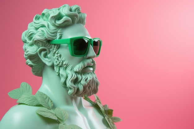 Groen beeld van Dionysus met een mooie bril met een krans op een roze achtergrond
