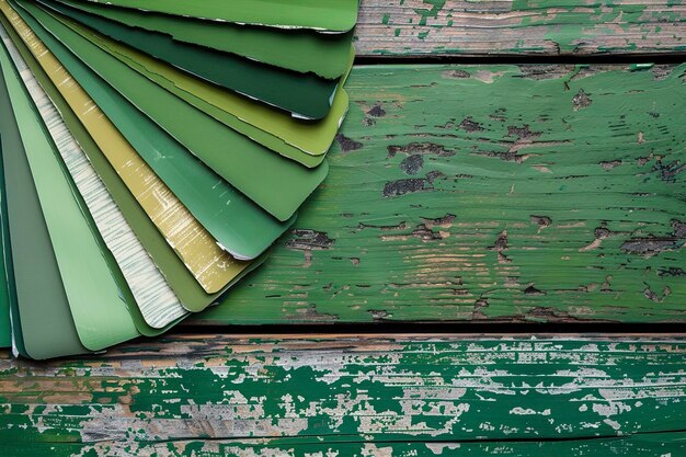 Groen behangrol en kleurpaletmonsters op hout