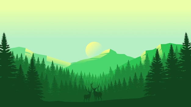 Groen berglandschap behang in een minimalistische platte ontwerp stijl