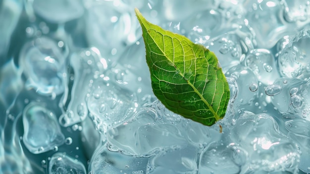 Groen blad dat op ijskoud water drijft