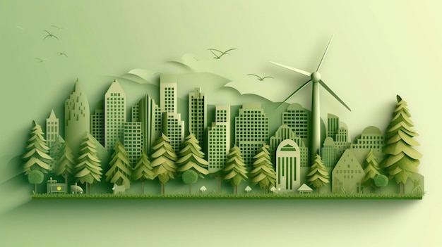 Groen bladbeeld in de papieren kunststijl met bomen, stad, windmolens en zonnepanelen
