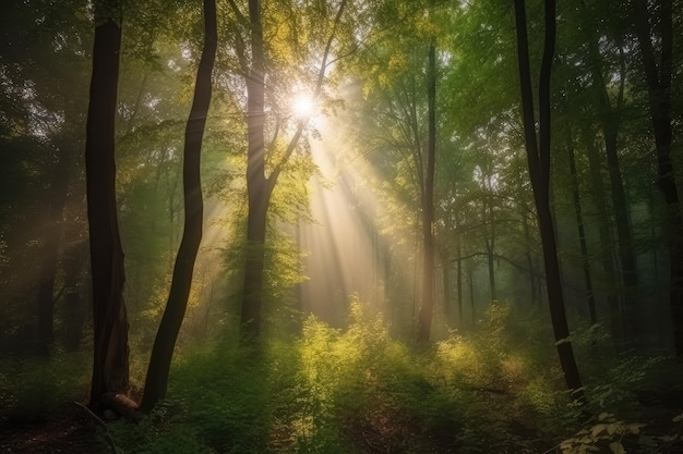 groen bos met prachtige zonnestralen gegenereerd door AI