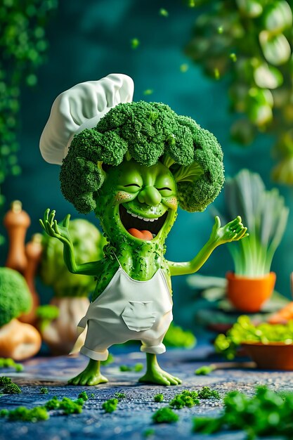 Foto groen broccoli standbeeld met een grote glimlach en een chef-kok hoed erop