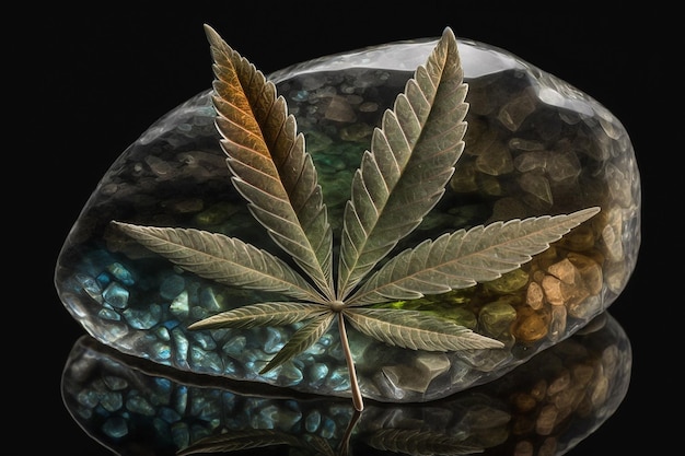 Groen cannabisblad op de illustratie van de glassteen Generatieve AI