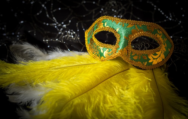Groen Carnaval-masker met gele en witte veren en glanzende achtergrond