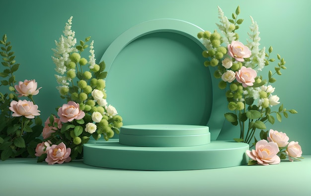 groen cirkel podium met bloemen en planten decoratie voor productvertoning