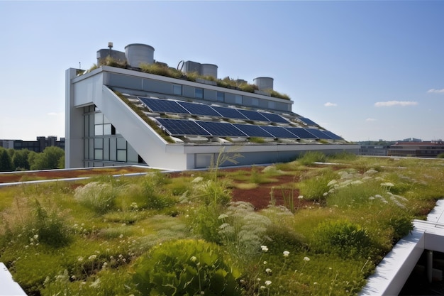 Groen dak van zonnepanelen en windturbines op een duurzaam gebouw gemaakt met generatieve AI