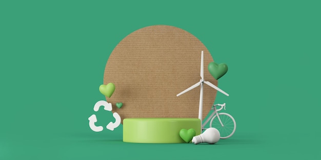 Groen eco product display podium met windturbine, recycle teken. 3D-weergave.