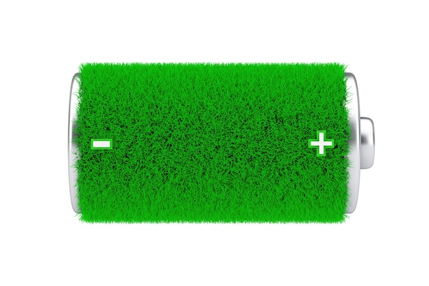Groen energieconcept. Volledig Charget Greengrass Batterij op een witte achtergrond. 3D-rendering