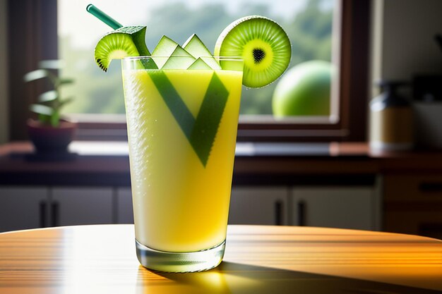 Groen fruit-kiwisap drankje op tafel