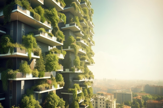 Groen futuristisch wolkenkrabber verticaal bos appartementencomplex met tuinen op balkons Moderne duurzame architectuur Ai generatief