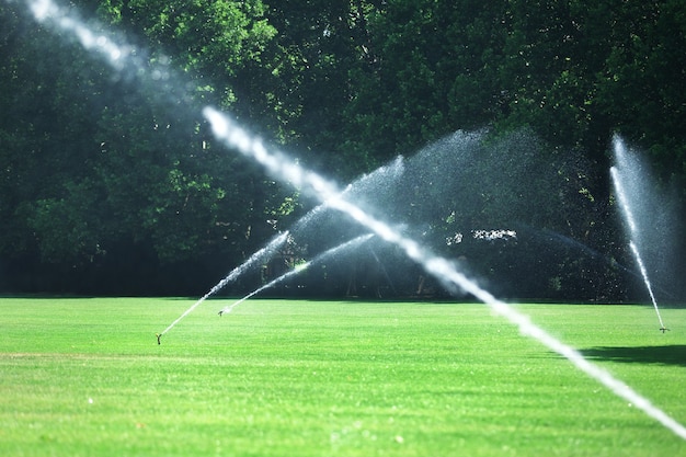 Groen gazon bestrooid met automatische sproeier