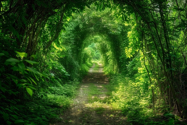 Groen gebladerte Mysterieuze zomerbos tunnel Zonnig pad in dichte vegetatie Kopieer ruimte