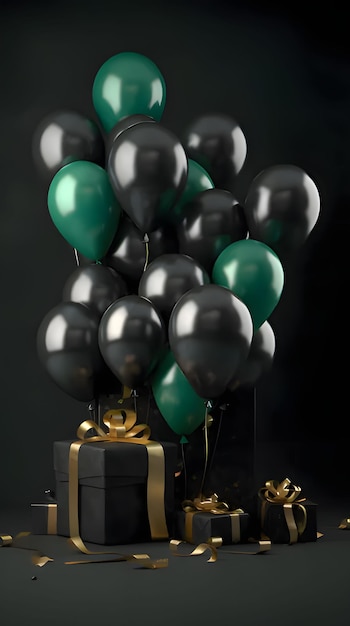 Groen gouden en zwarte ballonnen kleurrijke strijkers zwarte geschenken met strikken Nieuwjaarsfeest en feesten