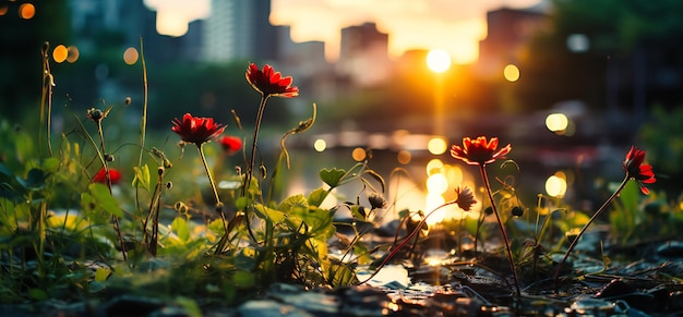 Groen gras bij zonsondergang met vlak gebouw in de buurt