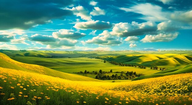 Groen gras en heuvels bedekt met gele bloemen en wolken