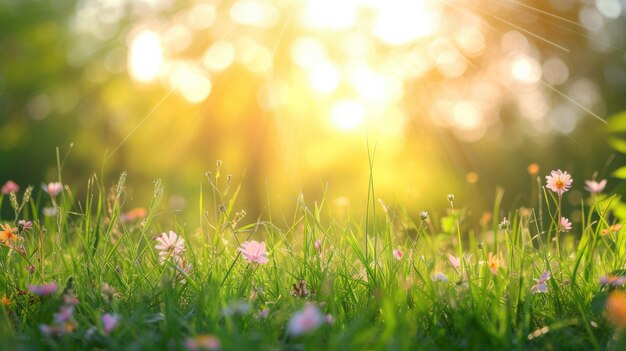 Groen gras met bloemen tegen de achtergrond van een wazige zomerweide