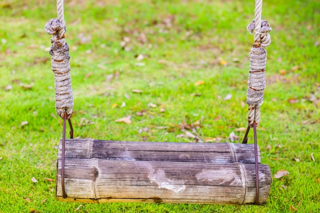 Groen gras met houten schommel