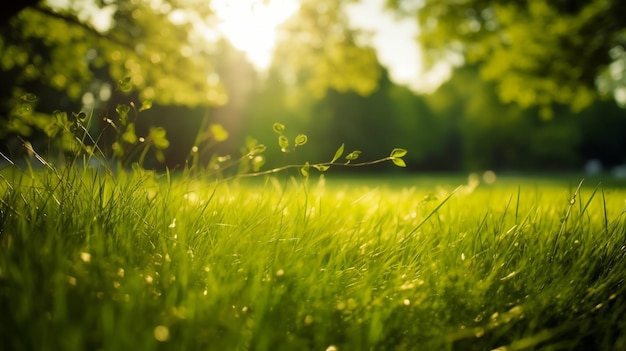 Groen gras met vloeiende bokeh op de achtergrond Natuurlijke groene veldachtergrond Generatieve AI