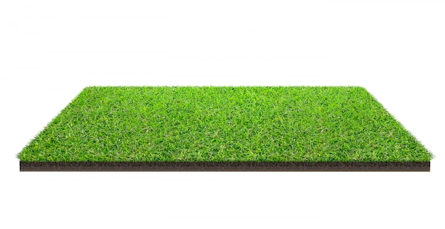 Groen grasgebied dat op wit met het knippen van weg wordt geïsoleerd. Sportveld. Zomerspelen.