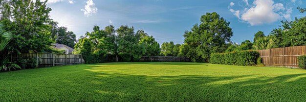 Foto groen grasgebied in de achtertuin omringd door een houten hek