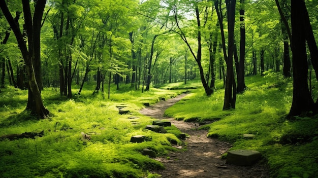 Groen graspad in het bos