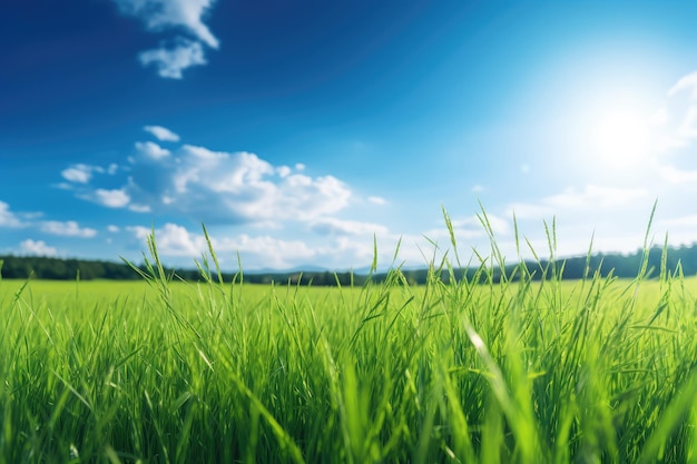 Groen grasveld en blauwe lucht met wolken Natuur achtergrond Landschap