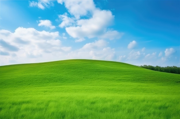 Groen grasveld op kleine heuvels en blauwe lucht met wolken AI gegenereerd