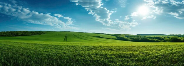 Groen grasveld tegen wolken en blauwe lucht.