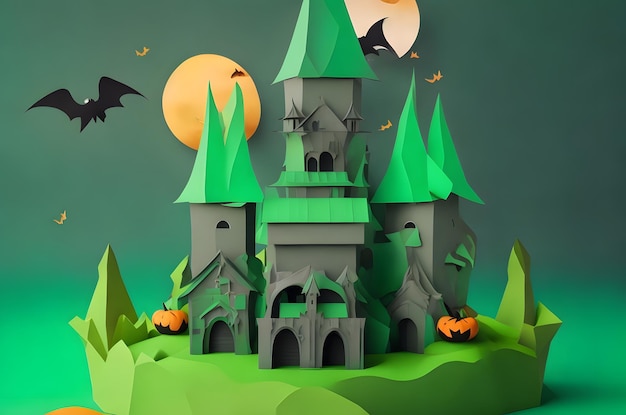 groen halloween kasteel op een podium papier kunststijl ai gegenereerde achtergrond