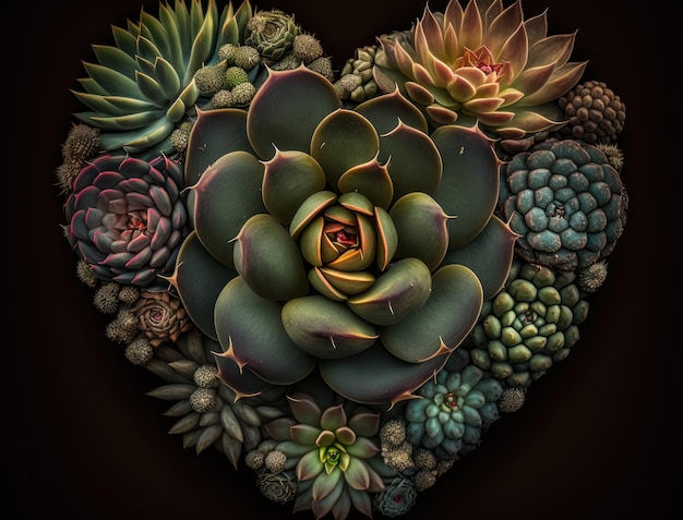 Groen hart gemaakt van verschillende succulenten Milieubeschermingsconcept gecreëerd met Generative AI-technologiex9