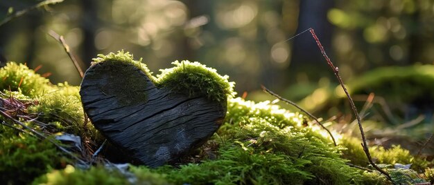 Foto groen houten hart in het bos.