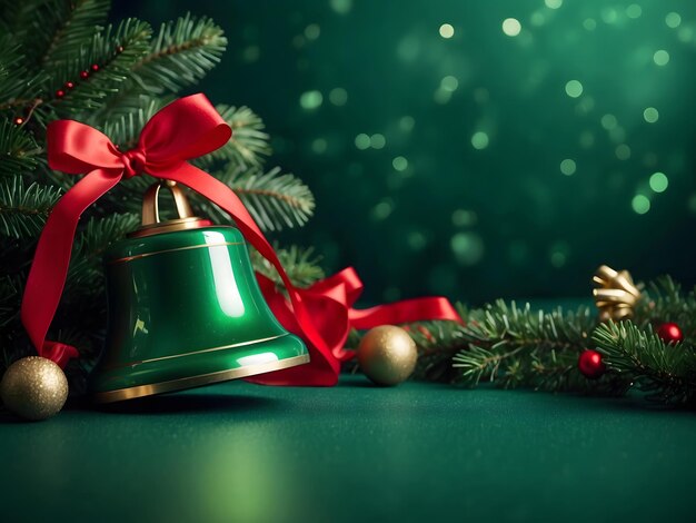 Groen kerst achtergrond frame met kopieerruimte Kerst achtergrond met een grote jingle bel