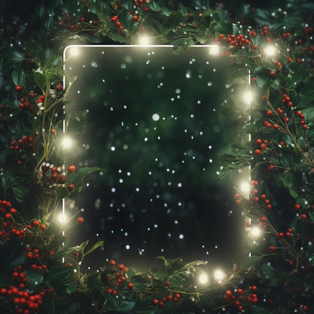 Groen kerstframe met hulstbessen en kerstverlichting