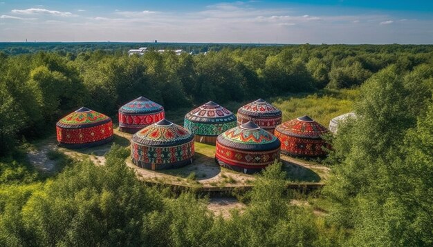 Groen landschap blauwe lucht gele zon cirkel gegenereerd door AI