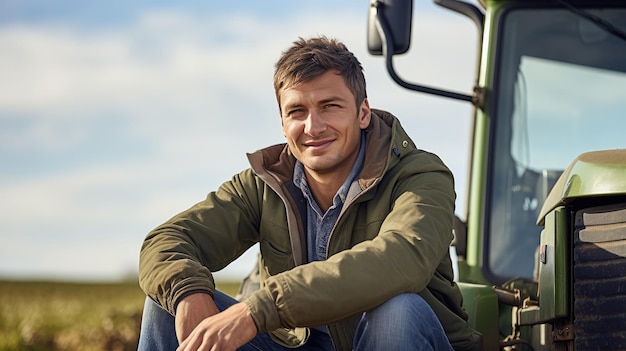 Groen leven Een charismatische jonge boer glimlacht op een tractor tegen een natuur achtergrond die de bio-ecologie en de schoonheid van duurzame landbouw belichaamt